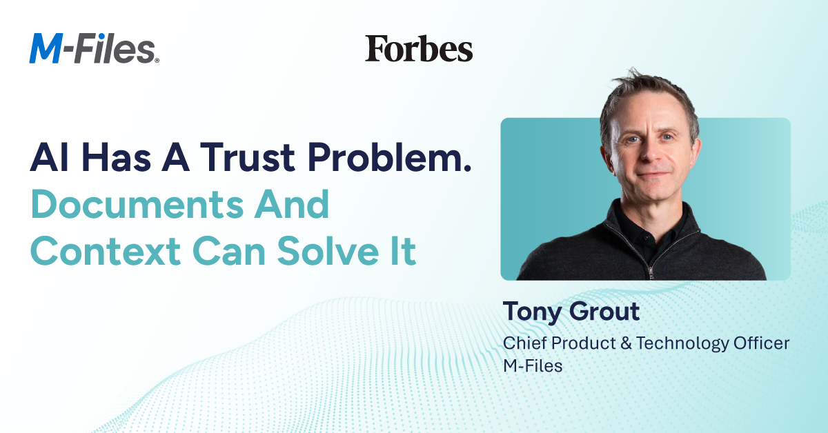M-Files and Forbes banner featuring Tony Grout discussing trust in AI and document context