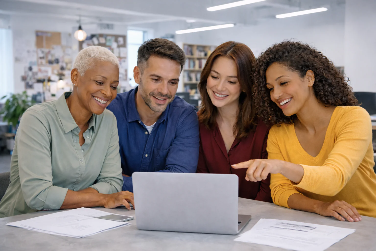 Four colleagues smiling and reviewing content together on a laptop.