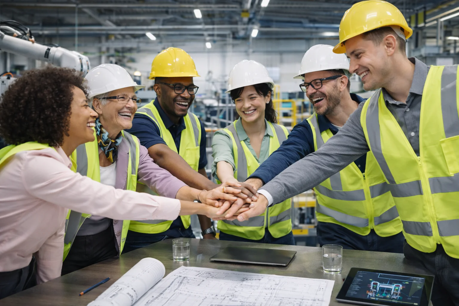 Une équipe d'usine équipée de matériel de sécurité, les mains jointes en signe de collaboration