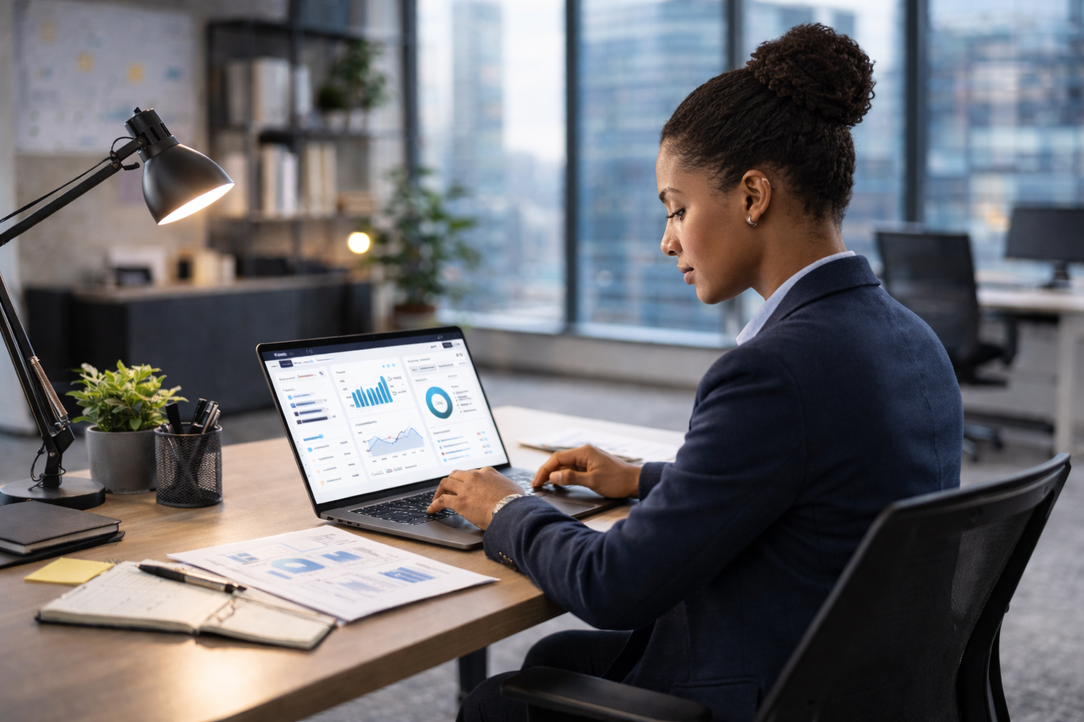 Une femme travaillant sur un ordinateur portable dans un bureau.