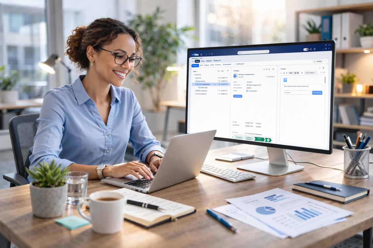 Une femme travaillant sur un ordinateur portable dans un bureau.