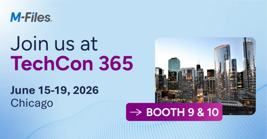 M-Files banner promoting TechCon 365 Chicago 2026 with booth information