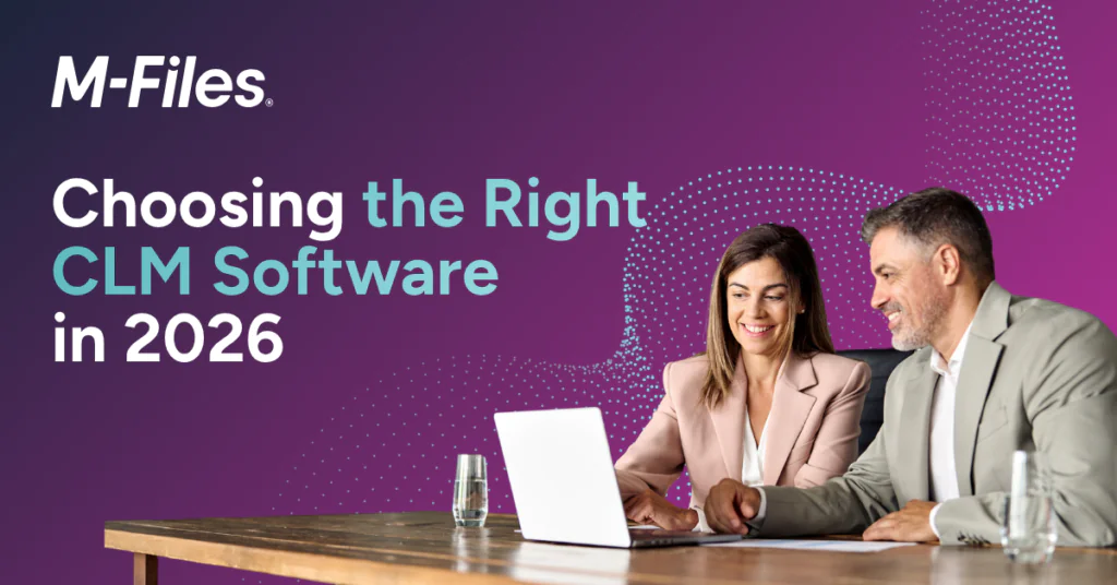 M-Files banner showing two professionals reviewing CLM software on a laptop with text ‘Choosing the Right CLM Software in 2026’