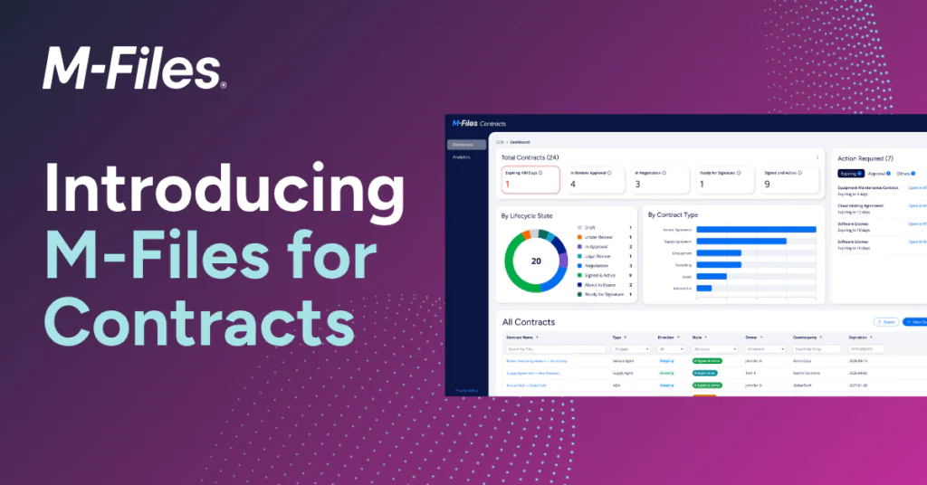 M-Files banner introducing M-Files for Contracts with a contract management dashboard interface