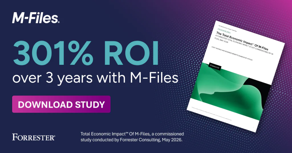 M-Files and Forrester graphic promoting 301% ROI over three years with a downloadable study