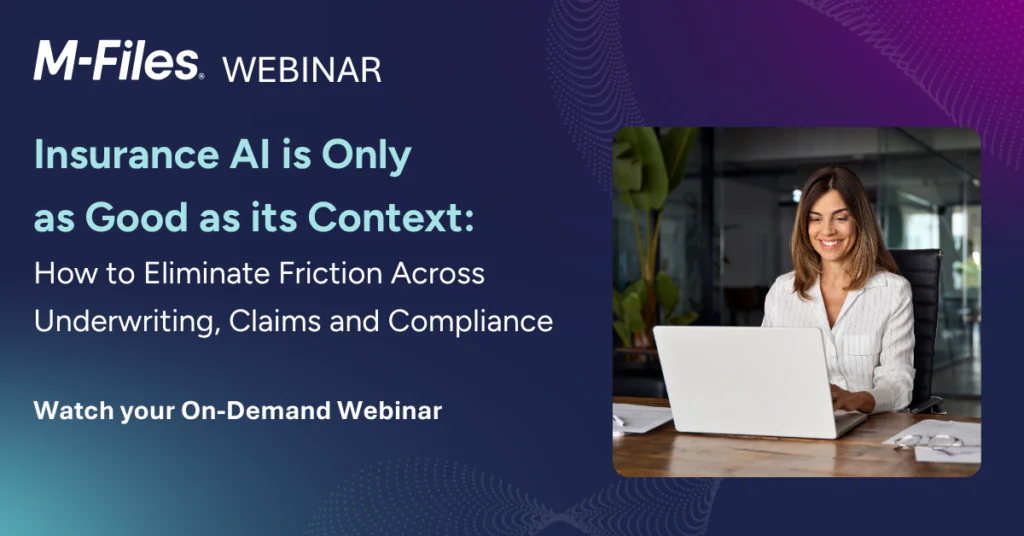 M-Files Webinarbanner som promoterer forsikrings-AI og kontekst for underwriting, krav og samsvar