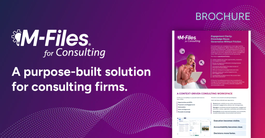 Folleto de M-Files Consulting» que promociona una solución diseñada específicamente para empresas de consultoría