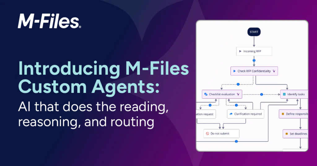 M-Files banner som introduserer tilpassede agenter med AI-drevet arbeidsflytautomatisering