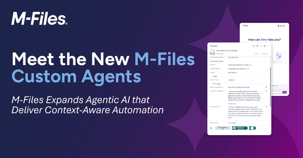 M-Files banner announcing new Custom Agents for context-aware AI automation