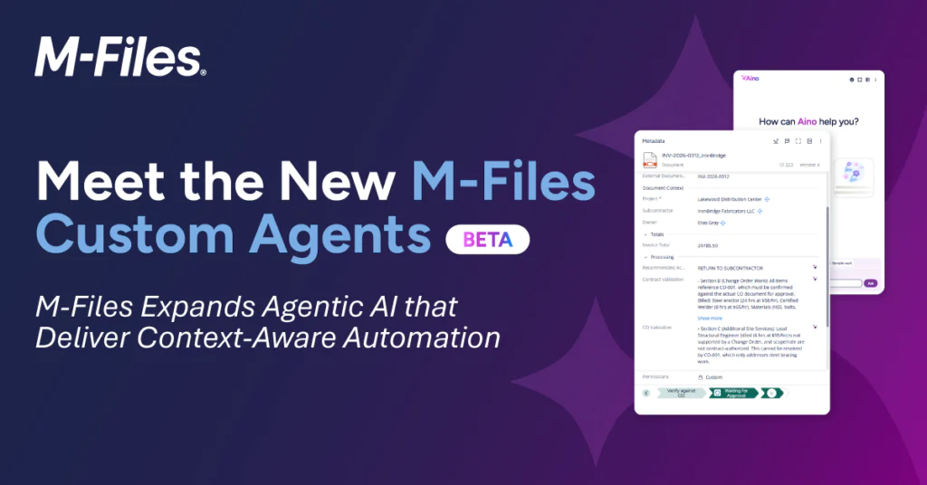 M-Files banner announcing new Custom Agents Beta for context-aware AI automation