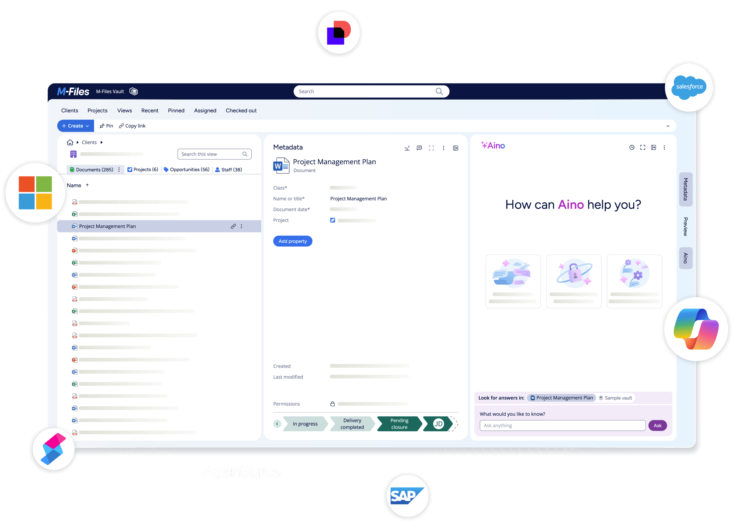 M-Files platform interface with Aino AI assistant and integrations including Microsoft, Salesforce, SAP, and Agentforce