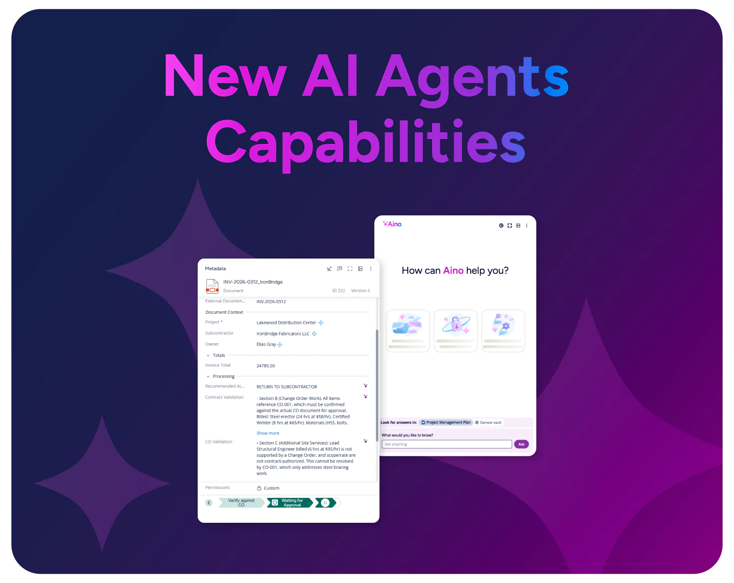 M-Files graphic highlighting new AI agent capabilities with the Aino AI assistant