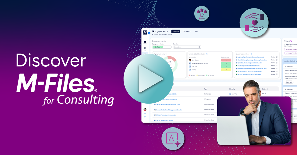 Vignette de la vidéo « M-Files Consulting » présentant l'interface de l'espace de travail dédié au conseil et les fonctionnalités d'IA