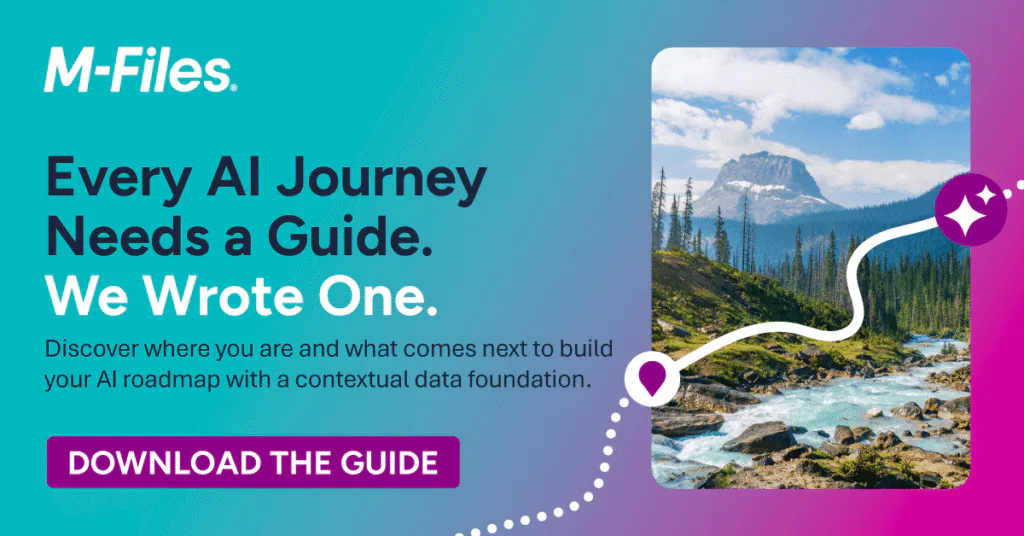M-Files banner promoting an AI readiness guide with a mountain landscape illustration.