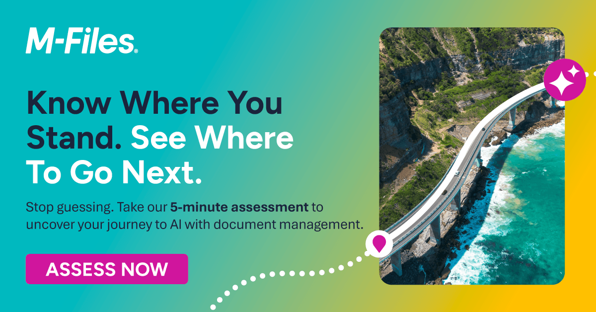M-Files banner promoting a 5-minute AI readiness assessment with a coastal bridge illustration.