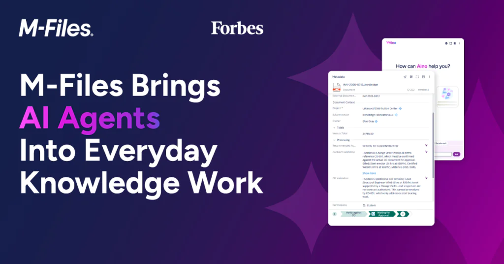 Forbes M-Files Forbes mettant en avant les agents IA pour les tâches quotidiennes liées à la gestion des connaissances