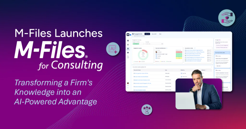 M-Files banner announcing M-Files for Consulting, featuring an AI-powered consulting workspace and a professional using a laptop.