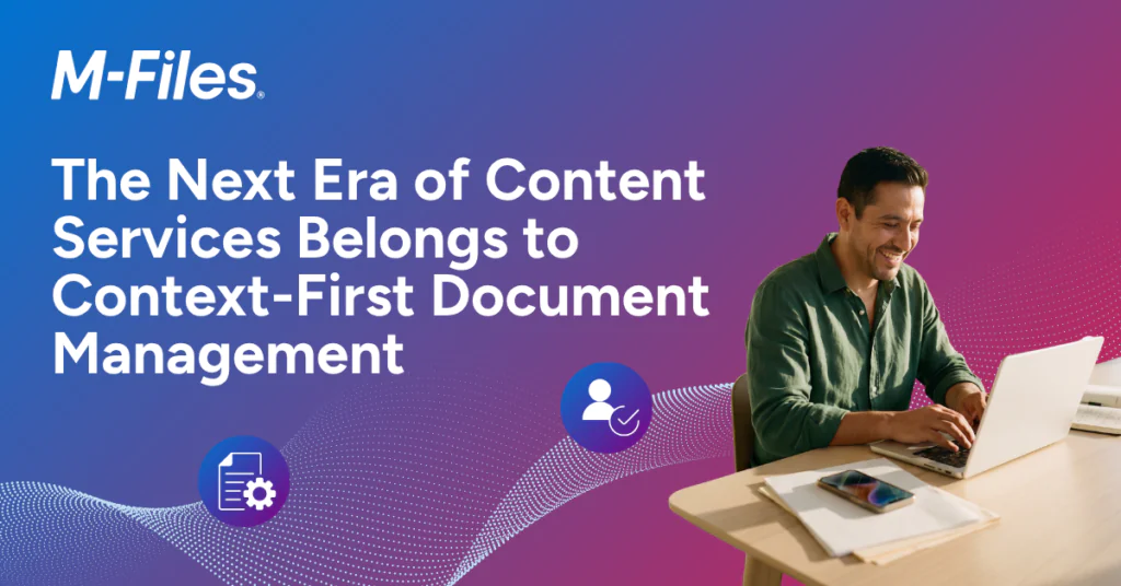 M-Files Imagen que promueve la gestión de documentos centrada en el contexto, en la que aparece un profesional trabajando con un ordenador portátil.