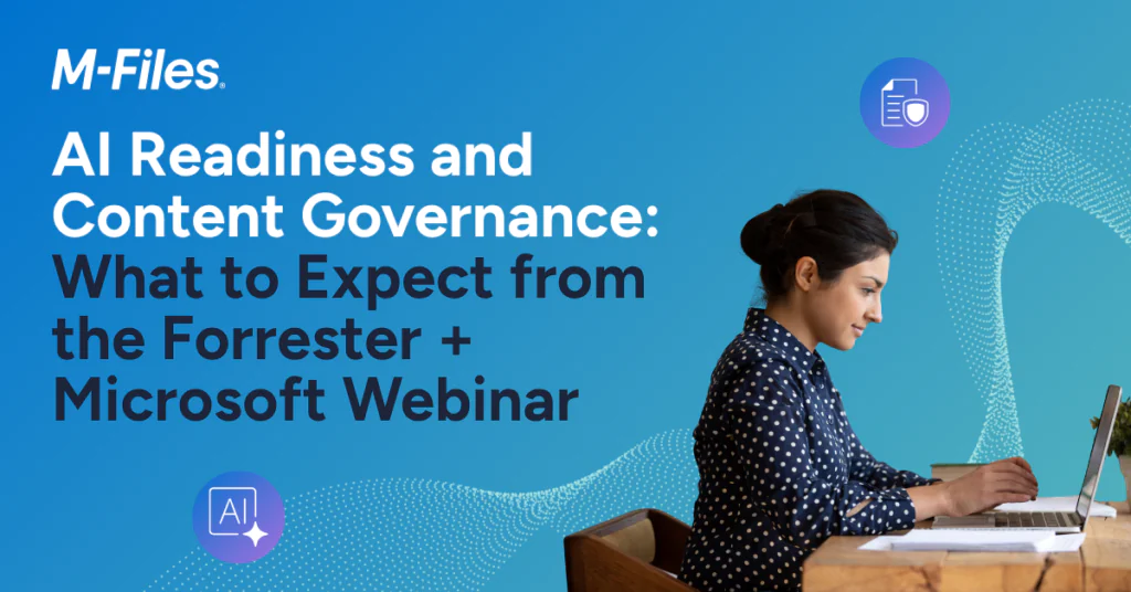 M-Files graphic on AI readiness and content governance for Microsoft Copilot and AI agents, highlighting a Forrester and Microsoft webinar.