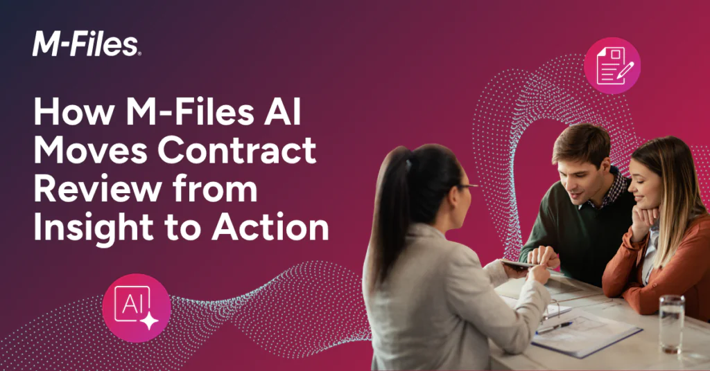 M-Files Infographie sur l'analyse des contrats par l'IA, illustrant comment l'IA transforme les informations tirées des contrats en mesures concrètes à mettre en œuvre.