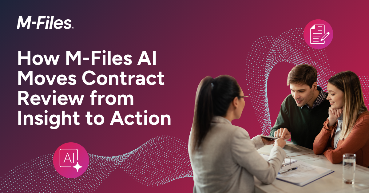 M-Files AI contract review graphic showing how AI turns contract insights into actionable next steps.