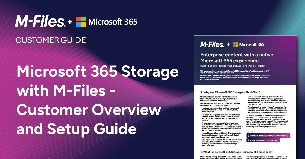 M-Files och Microsoft 365 kundguide för installation och integration av Microsoft 365 Storage med M-Files .