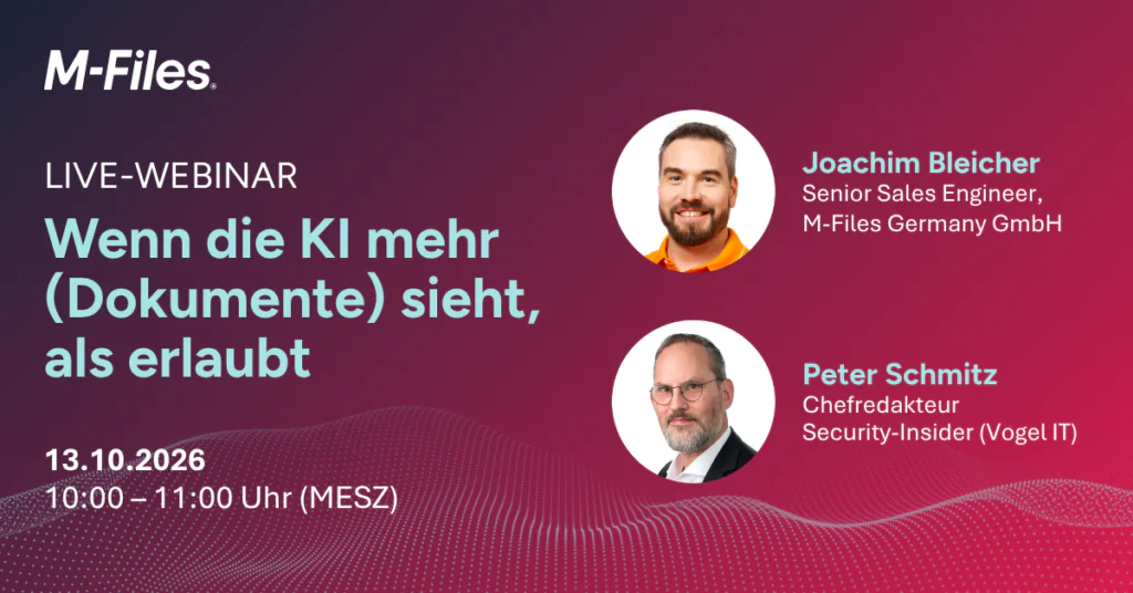 M-Files live webinar on AI access to documents, featuring Joachim Bleicher and Peter Schmitz.