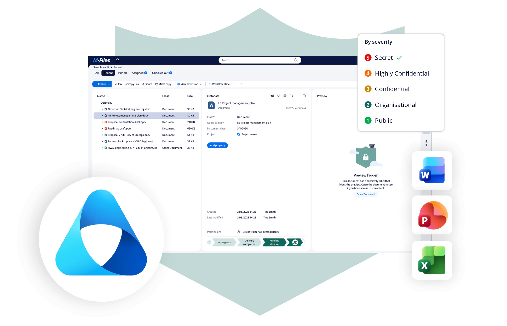 M-Files for Microsoft Purview showing document sensitivity labels, security classifications, and Microsoft 365 integration.