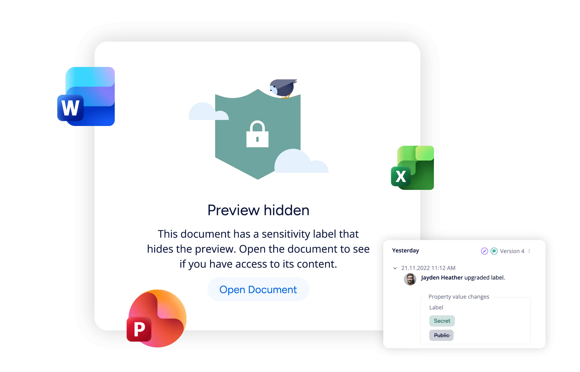 M-Files for Microsoft Purview showing a hidden document preview protected by a sensitivity label, with Microsoft 365 integration.