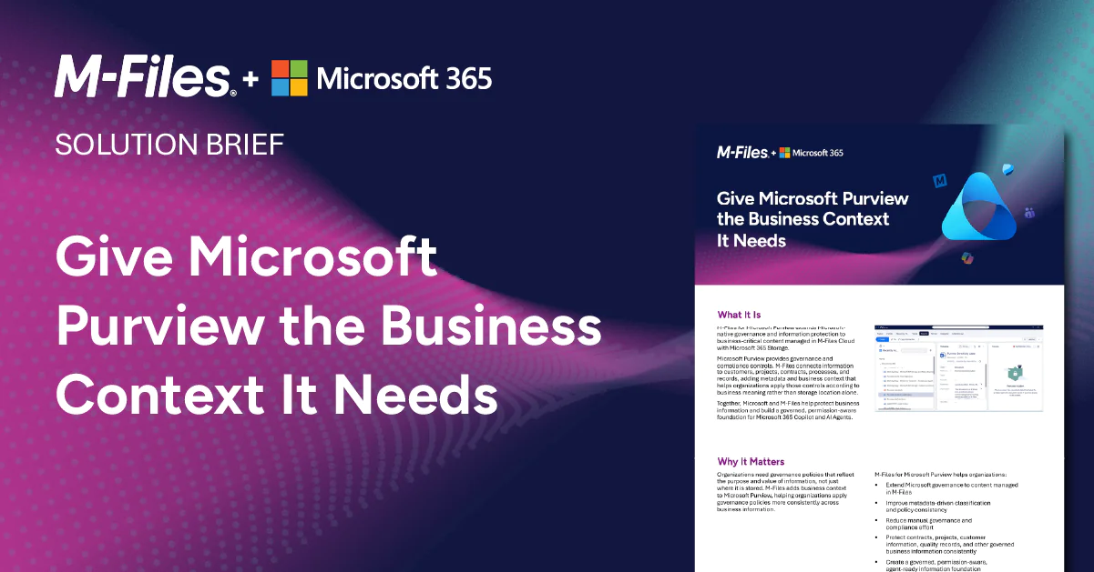 M-Files og en løsningsbeskrivelse for Microsoft 365 om å legge til forretningskontekst i Microsoft Purview for sterkere informasjonsstyring.